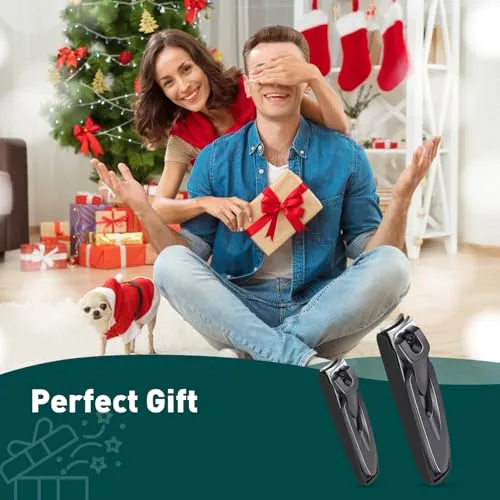 2 Pack Nail Clipper with Catcher, Professional Fingernail Clipper Set for No Mess, No Splash, Christmas Stocking Stuffers (black)