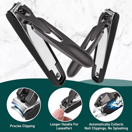 2 Pack Nail Clipper with Catcher, Professional Fingernail Clipper Set for No Mess, No Splash, Christmas Stocking Stuffers (black)