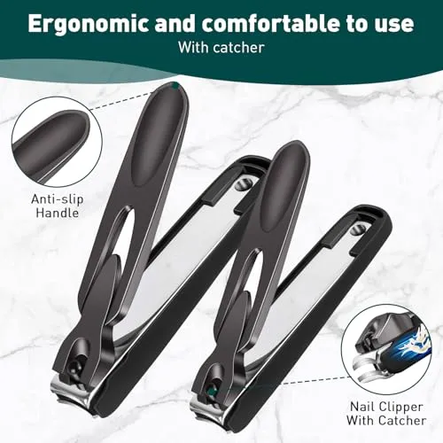 2 Pack Nail Clipper with Catcher, Professional Fingernail Clipper Set for No Mess, No Splash, Christmas Stocking Stuffers (black)