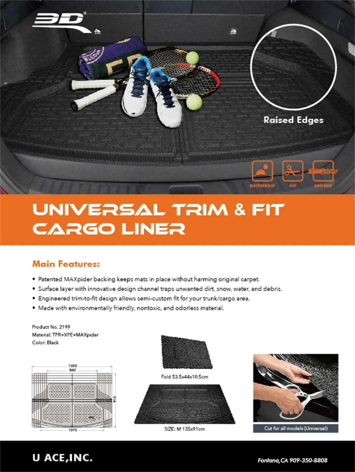 3D MAXpider 2199L-09 - Universal Cargo Liner Trim Fit L 57 in. x W 47 Kagu Black Cross Fold