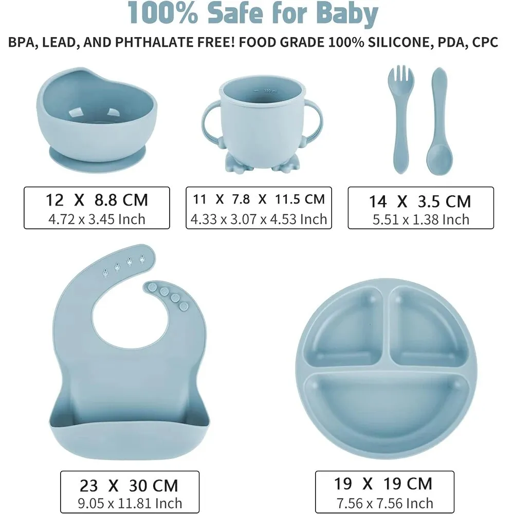 Baby Silicone Feeding Set 6PCS - Suction Bowl, Bib, Cup, Fork, Spoon & Plate - BPA Free
