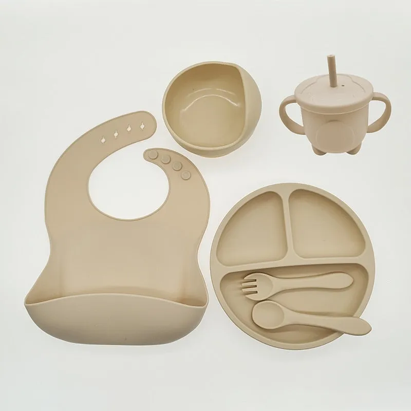 Baby Silicone Feeding Set 6PCS - Suction Bowl, Bib, Cup, Fork, Spoon & Plate - BPA Free