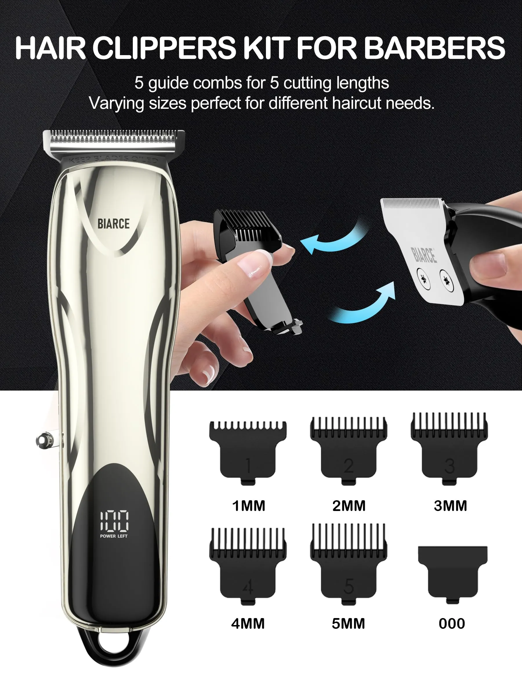 BIARCE Cordless Hair Trimmer for Men,Professional Hair Clippers Barber Haircutting kit, Zero Gapped USB Rechargeable Edgers Clippers Wireless Electric Beard Trimmer with 5 Limit Combs