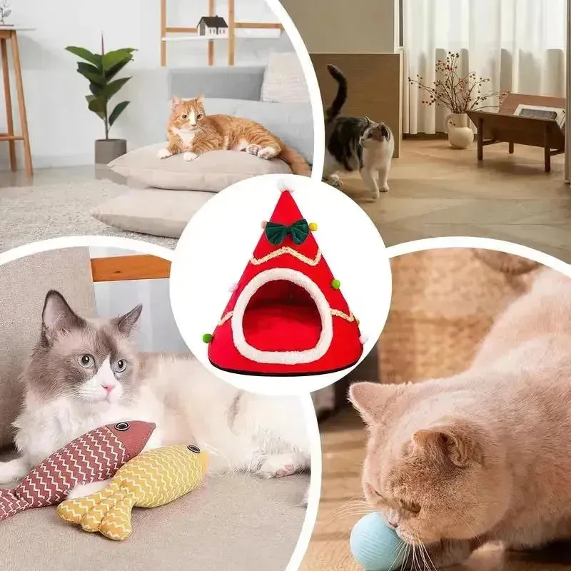 Christmas Tree Cat Cave Plush Pet Tent House