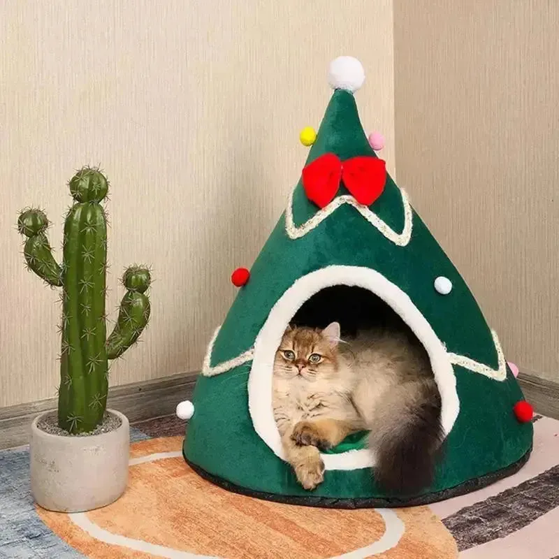 Christmas Tree Cat Cave Plush Pet Tent House