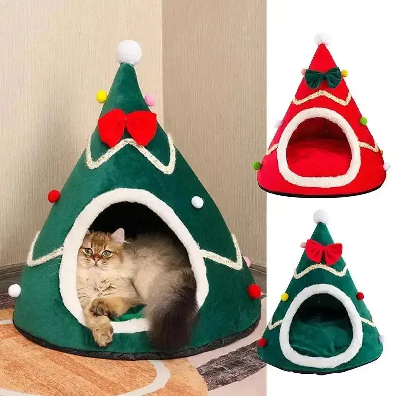 Christmas Tree Cat Cave Plush Pet Tent House