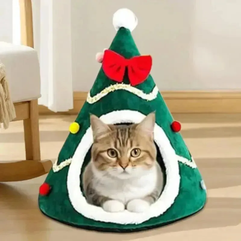 Christmas Tree Cat Cave Plush Pet Tent House