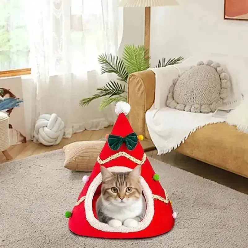 Christmas Tree Cat Cave Plush Pet Tent House
