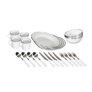 Enamel Camping Tableware Set-24 Pieces-White With Blue Specs