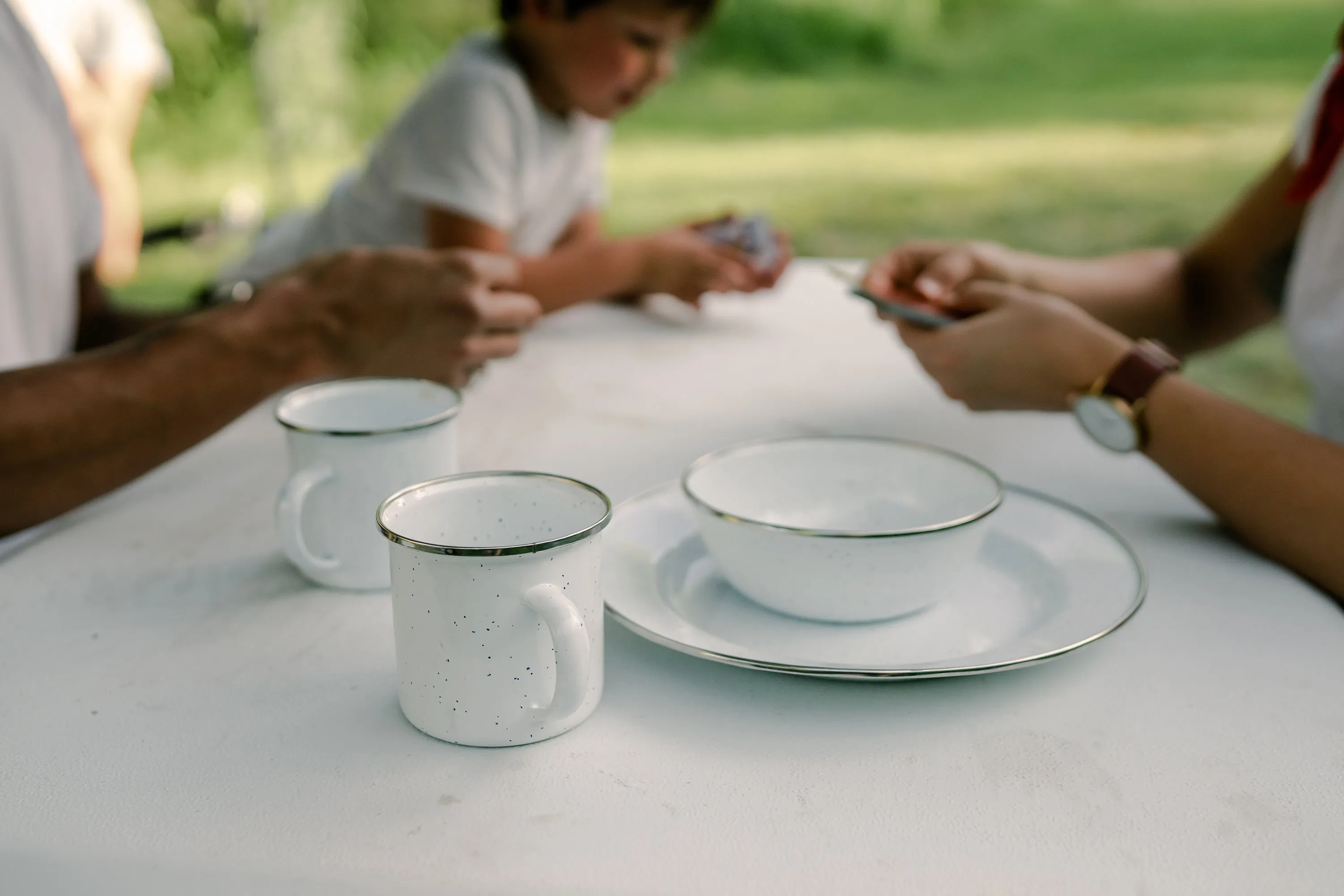 Enamel Camping Tableware Set-24 Pieces-White With Blue Specs