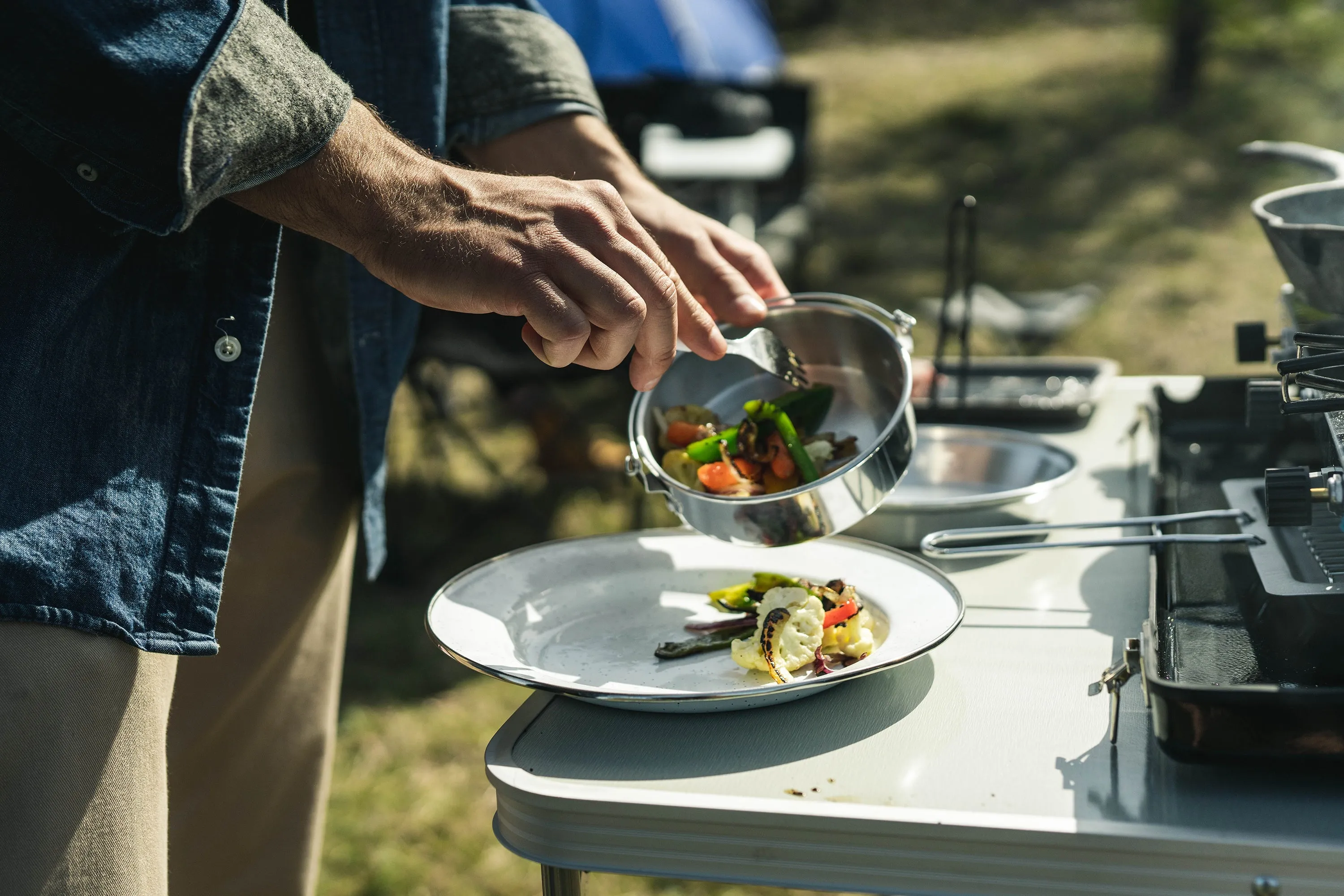 Enamel Camping Tableware Set-24 Pieces-White With Blue Specs