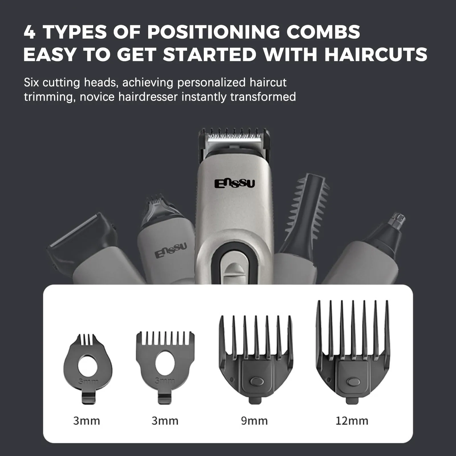 ENSSU Beard Trimmer for Men, 6-in-1 Cordless Body Grooming Kit with Hair Clippers, Beard, Ear & Nose Trimmer, Rechargeable Electric Razor Shaver