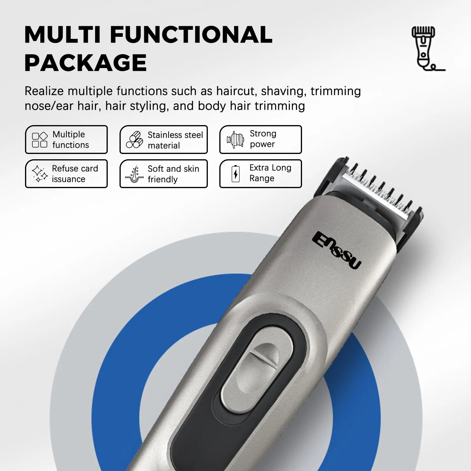 ENSSU Beard Trimmer for Men, 6-in-1 Cordless Body Grooming Kit with Hair Clippers, Beard, Ear & Nose Trimmer, Rechargeable Electric Razor Shaver