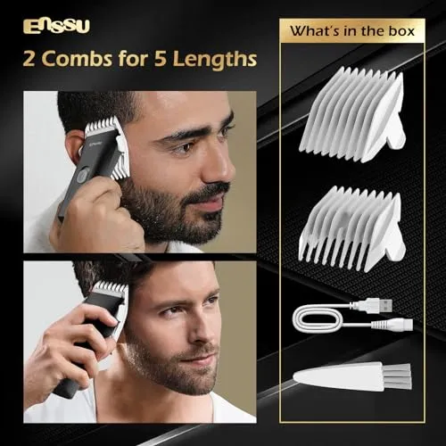 ENSSU Cordless Hair Clippers for Men - Waterproof Beard Trimmer with Ceramic Blade, Rechargeable Electric Hair Cutting Kit for Adults and Kids, Black
