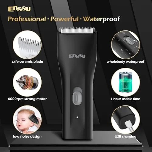 ENSSU Cordless Hair Clippers for Men - Waterproof Beard Trimmer with Ceramic Blade, Rechargeable Electric Hair Cutting Kit for Adults and Kids, Black