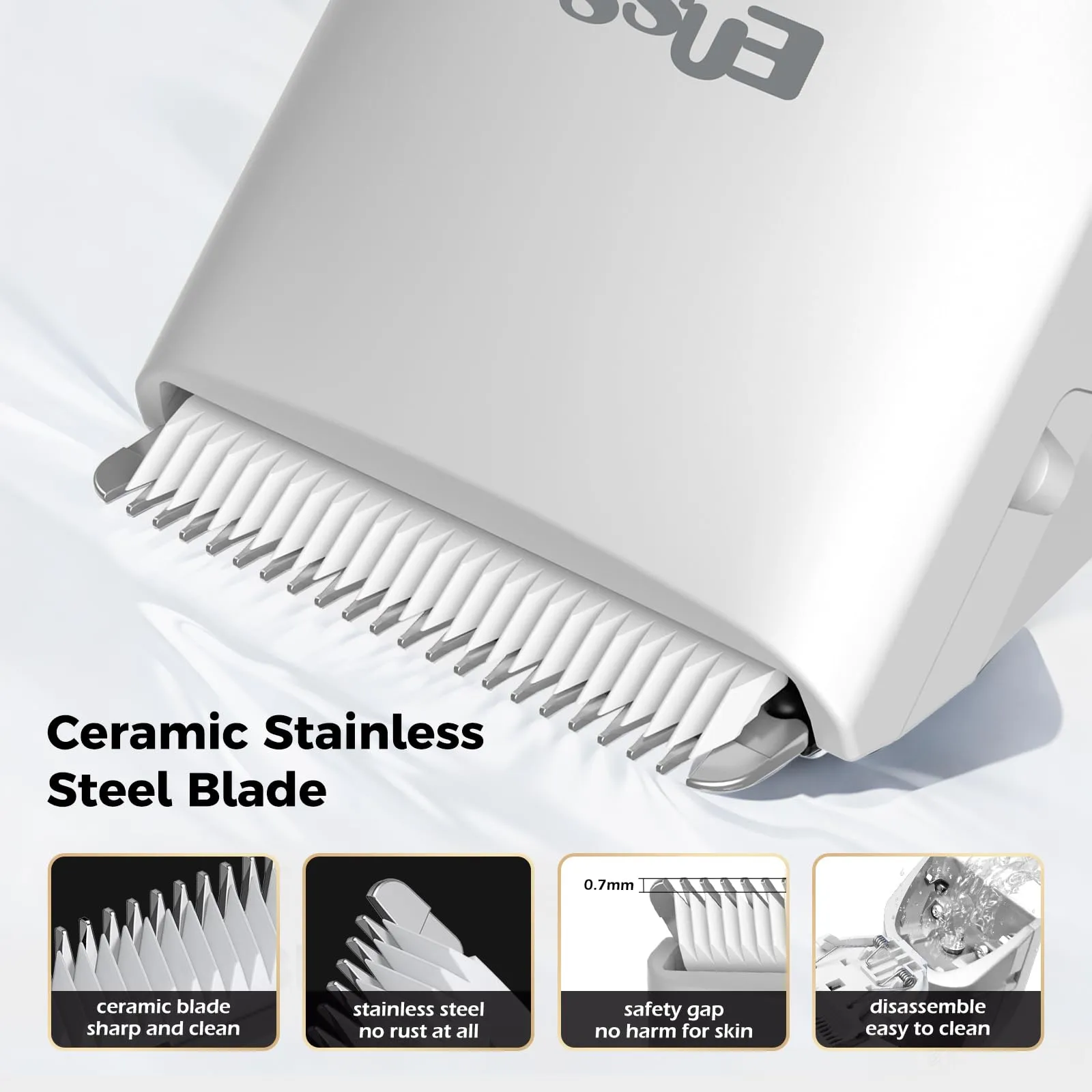 ENSSU Cordless Hair Clippers for Men - Waterproof Beard Trimmer with Ceramic Blade, Rechargeable Electric Hair Cutting Kit for Adults and Kids, White