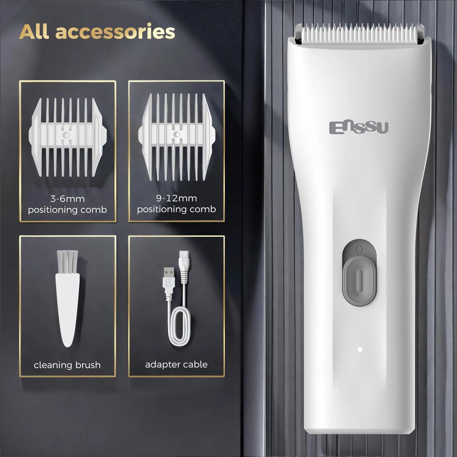 ENSSU Cordless Hair Clippers for Men - Waterproof Beard Trimmer with Ceramic Blade, Rechargeable Electric Hair Cutting Kit for Adults and Kids, White
