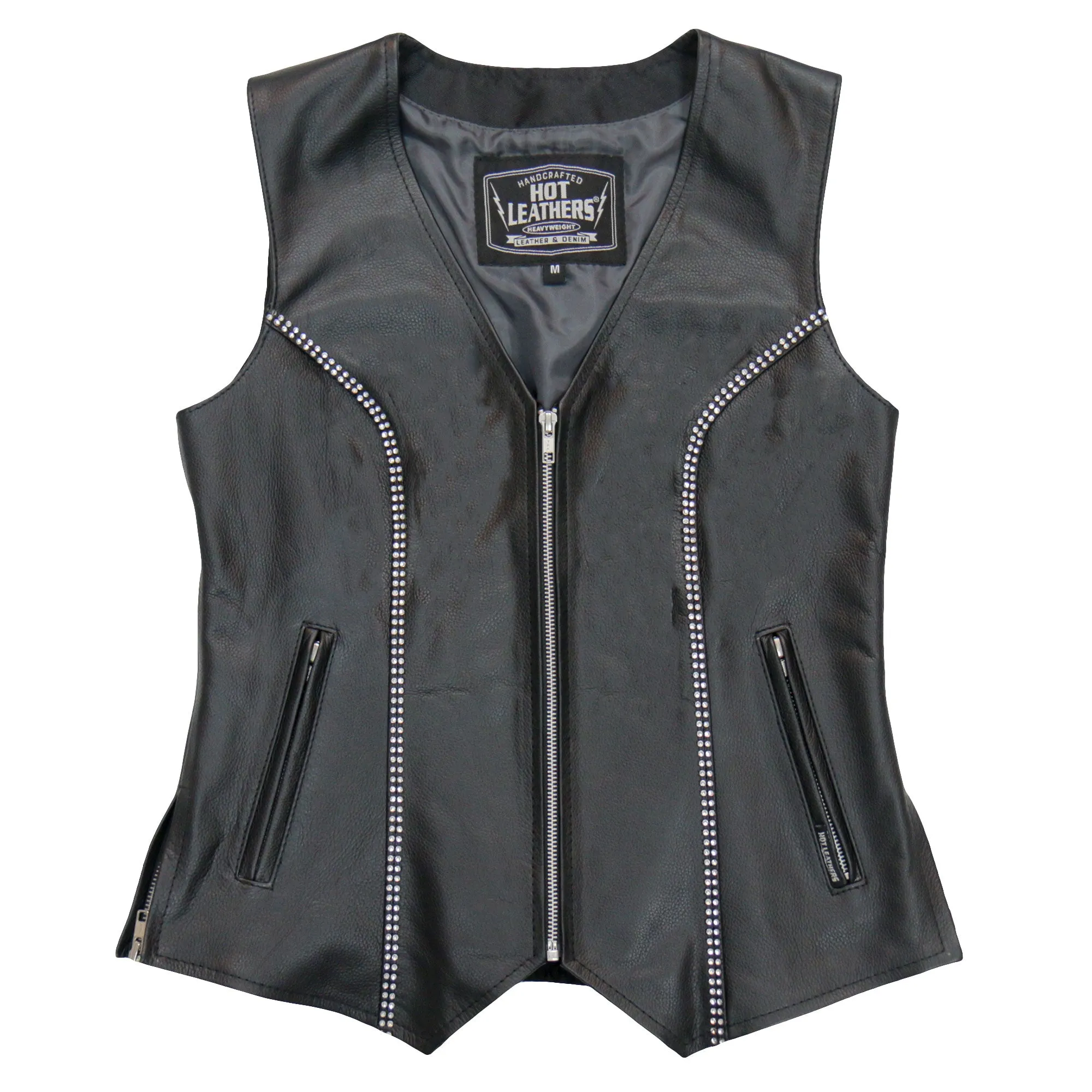 Hot Leathers VSL1016 Ladies Biker 'Rhinestone' Black Leather Motorcycle Vest