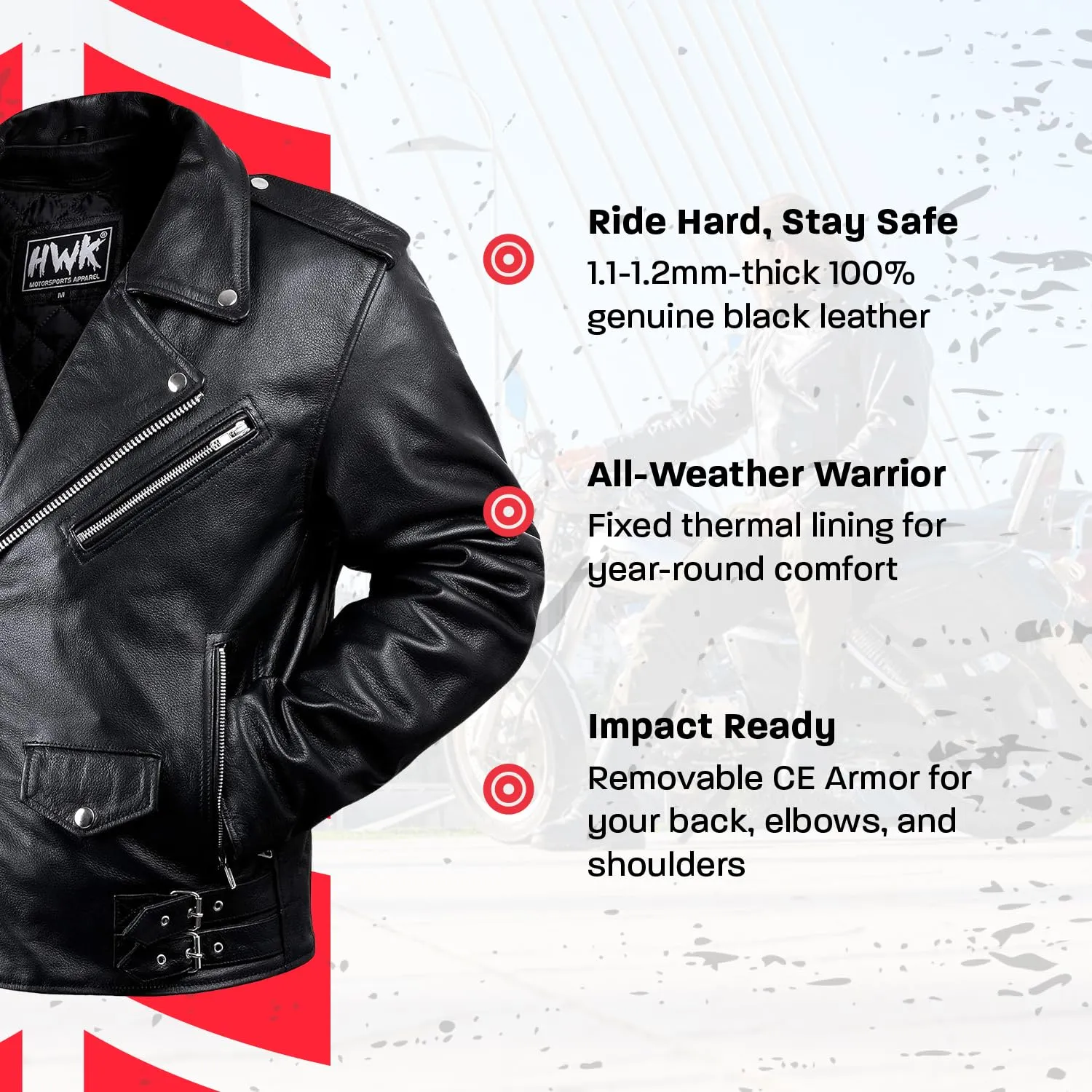 HWK Leather Motorcycle Jacket with Armor for Men, Cafe Racer Genuine Leather Jacket for Weather Resistant Enduro Motocross, Motorbike Riding, Easy Adjust Men's Motorcycle Jacket, 4X-Large