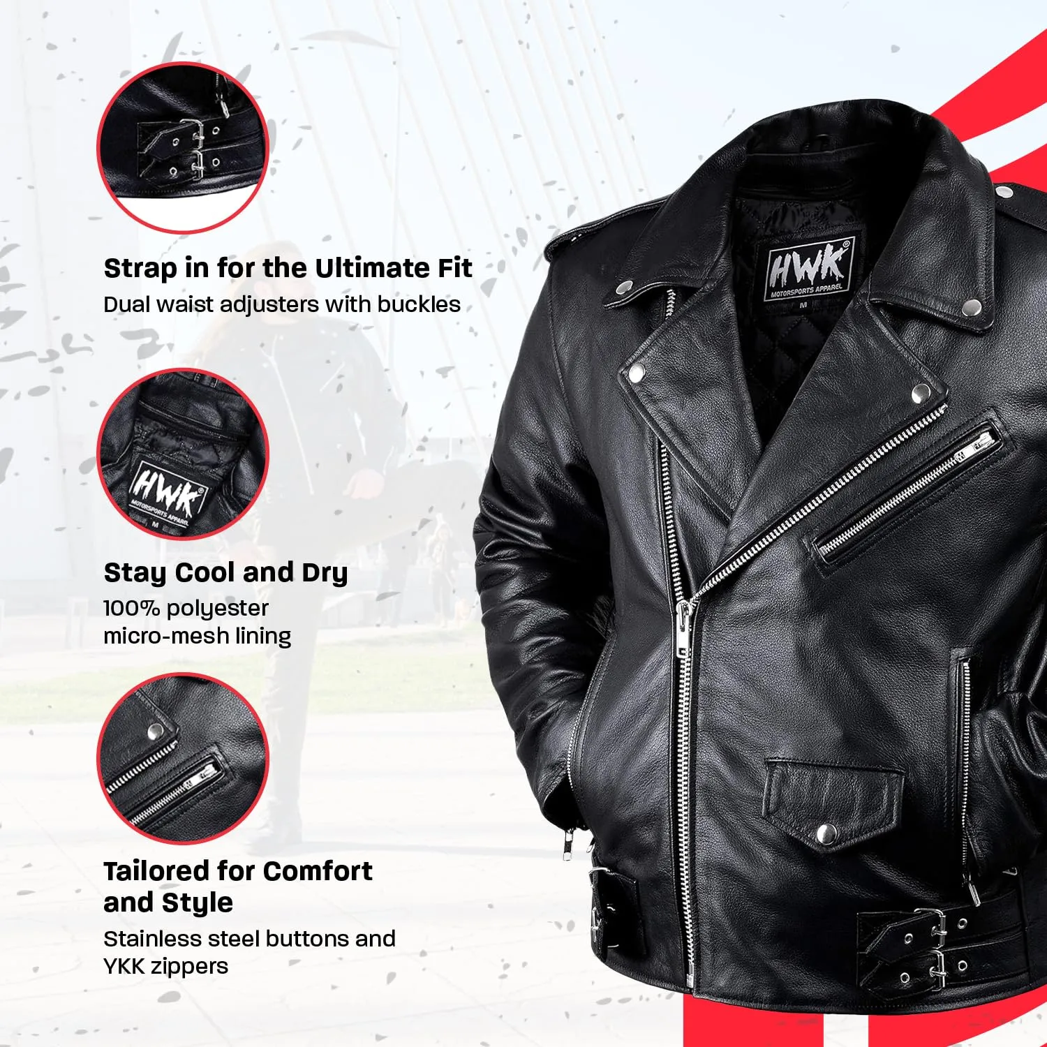 HWK Leather Motorcycle Jacket with Armor for Men, Cafe Racer Genuine Leather Jacket for Weather Resistant Enduro Motocross, Motorbike Riding, Easy Adjust Men's Motorcycle Jacket, 4X-Large