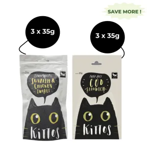 Kittos Purr Fect Sunfish Chicken and Twirls and Cod Sandwich Cat Treat Combo (3 3)