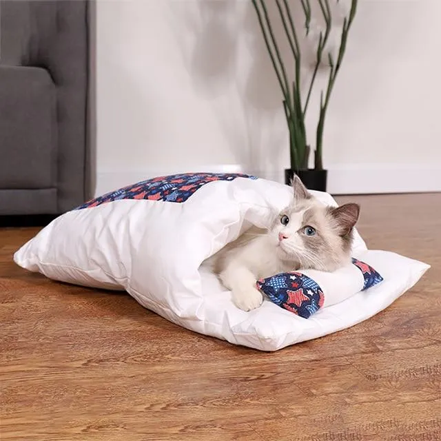 PETLAVISH™ Burrow Calming Cat/Puppy Sleeping Bag - Cozy Plush Kennel w/ Pillow