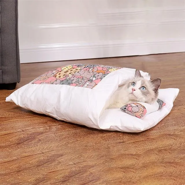 PETLAVISH™ Burrow Calming Cat/Puppy Sleeping Bag - Cozy Plush Kennel w/ Pillow