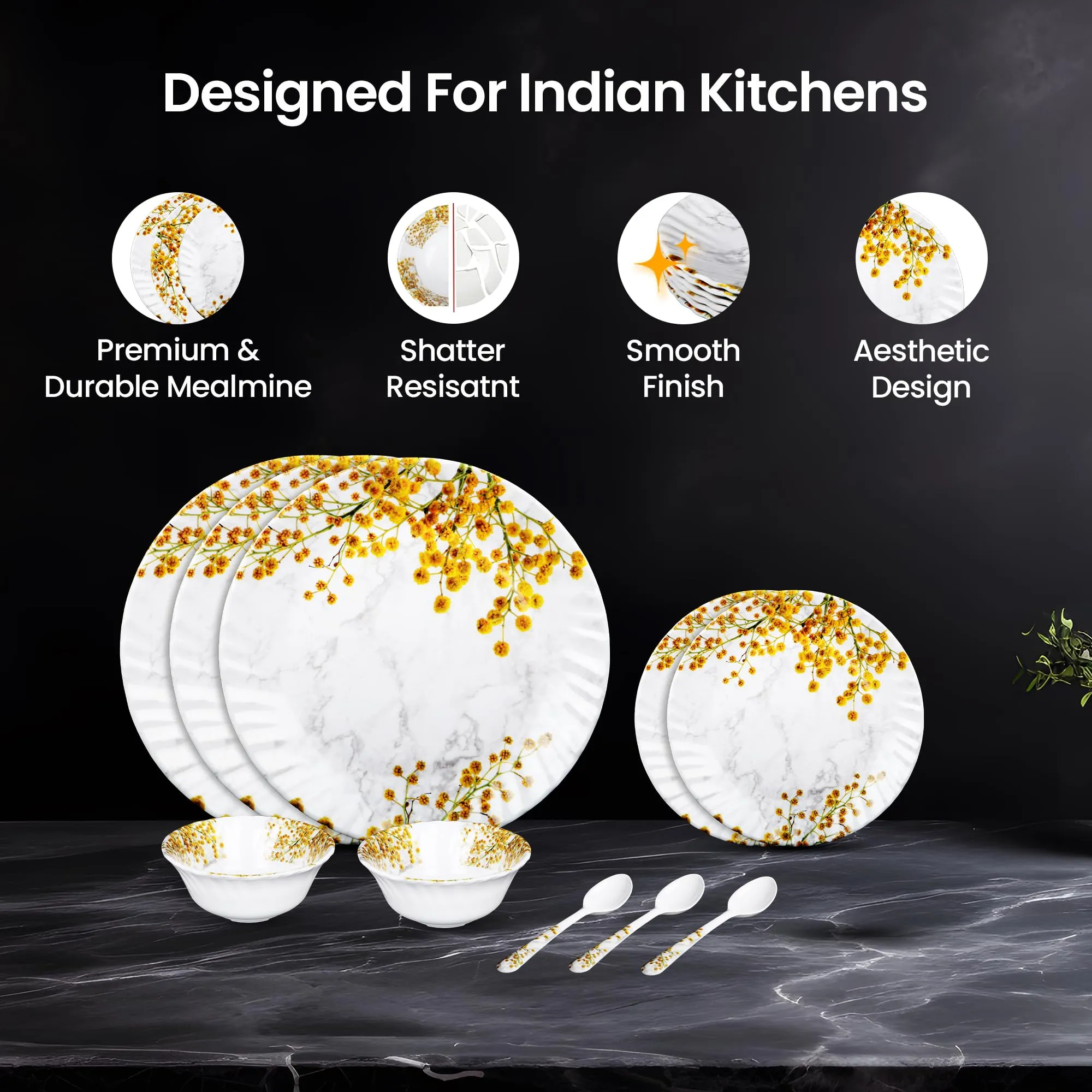 Thermador Melamine 40 Pcs Dinner Set | Crockery Set |6 Dinner Plates, 6 Small Plates, 1 Serving Tray, 3 Big Serving Bowls with Lid, 12 Small Bowls, 6 Spoons, 3 Serving Spoons (White Orange Multicolor)
