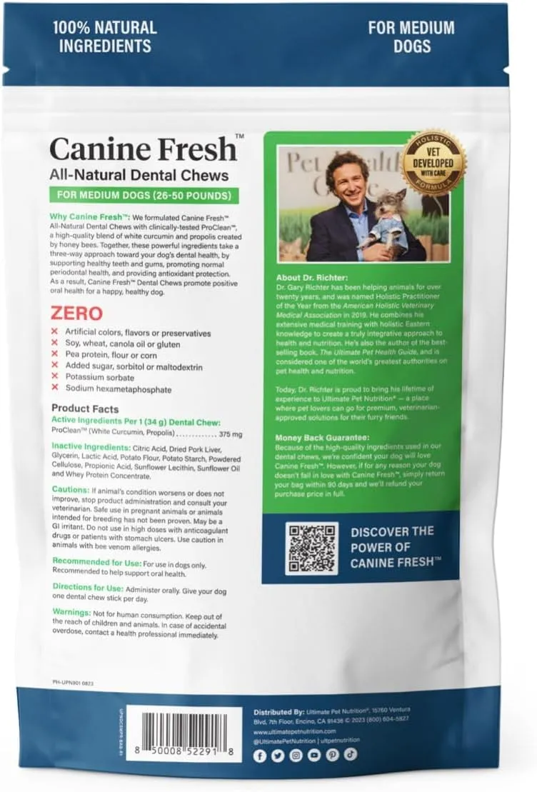 Ultimate Pet Nutrition Canine Fresh All-Natural Dental Chews for Medium Dogs 26-50 lbs, 15 count