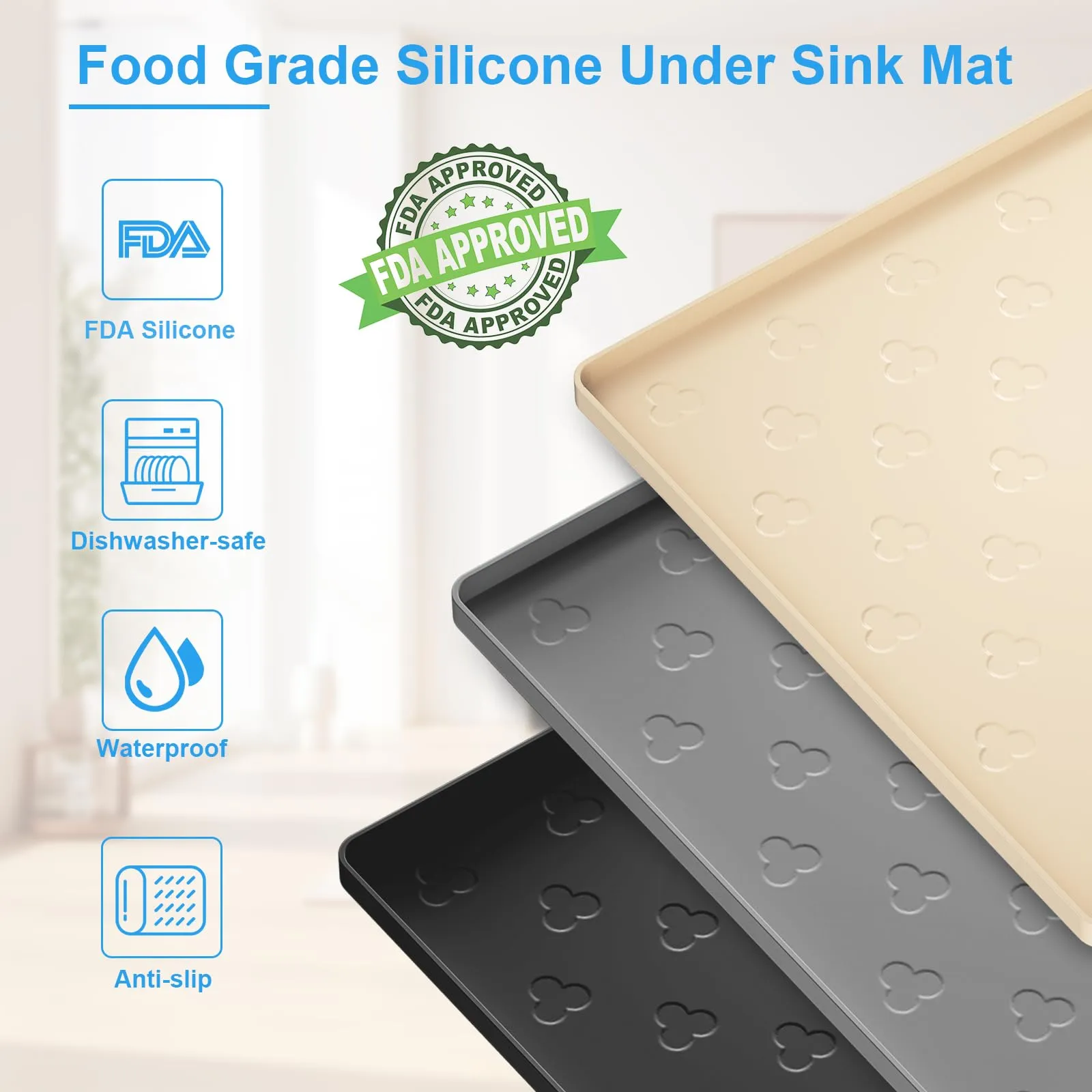 Under Sink Mat 34" x 22" Waterproof Kitchen Cabinet Mat, Flexible Under Sink Liner, Kitchen Bathroom Cabinet Mat Protector for Drip Leak Spill (Black)