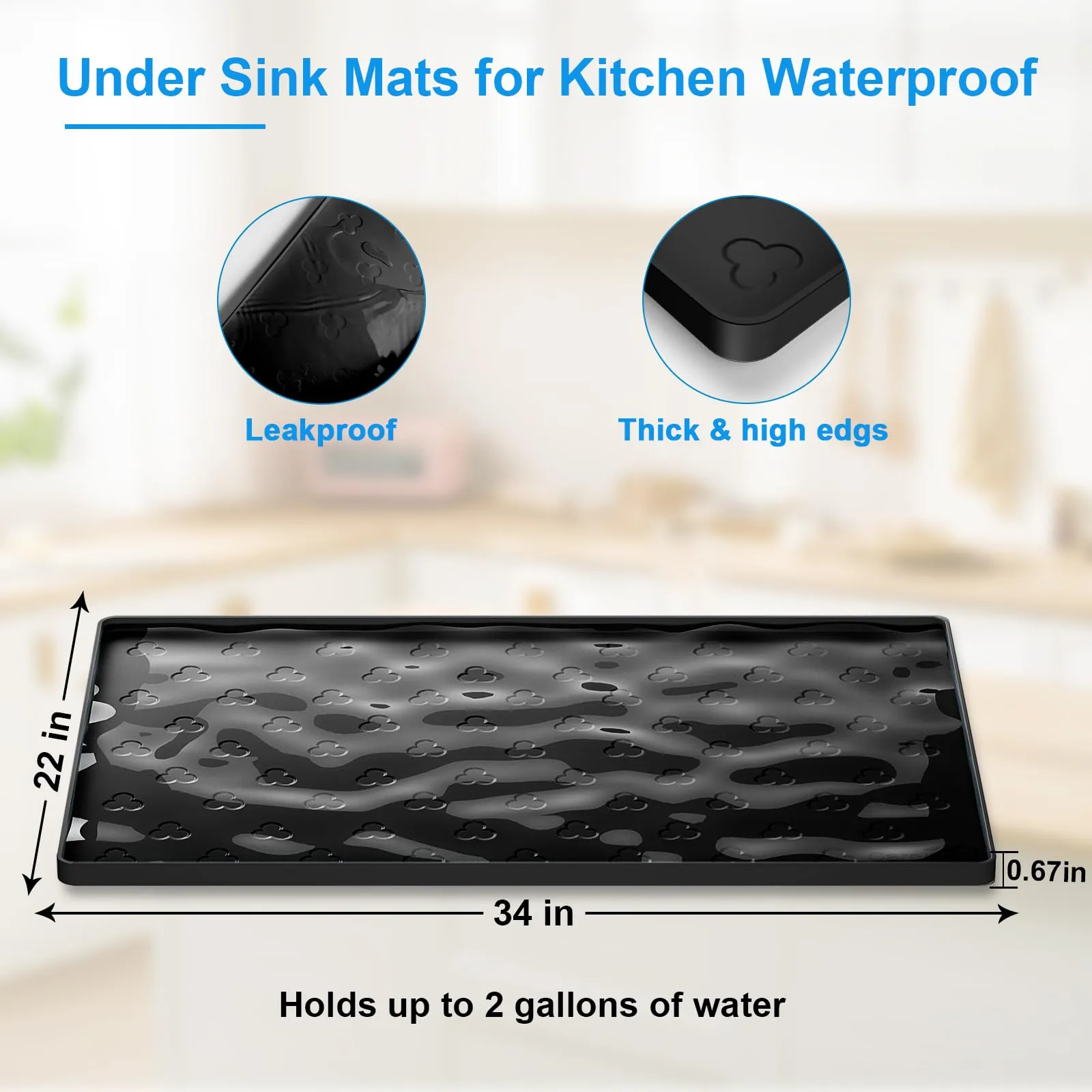 Under Sink Mat 34" x 22" Waterproof Kitchen Cabinet Mat, Flexible Under Sink Liner, Kitchen Bathroom Cabinet Mat Protector for Drip Leak Spill (Black)