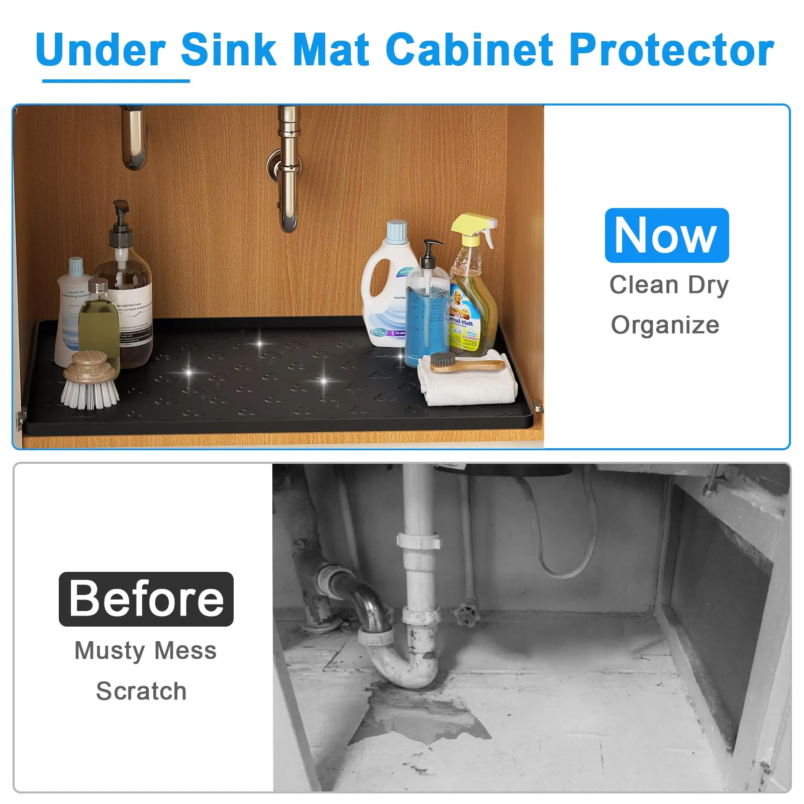 Under Sink Mat 34" x 22" Waterproof Kitchen Cabinet Mat, Flexible Under Sink Liner, Kitchen Bathroom Cabinet Mat Protector for Drip Leak Spill (Black)