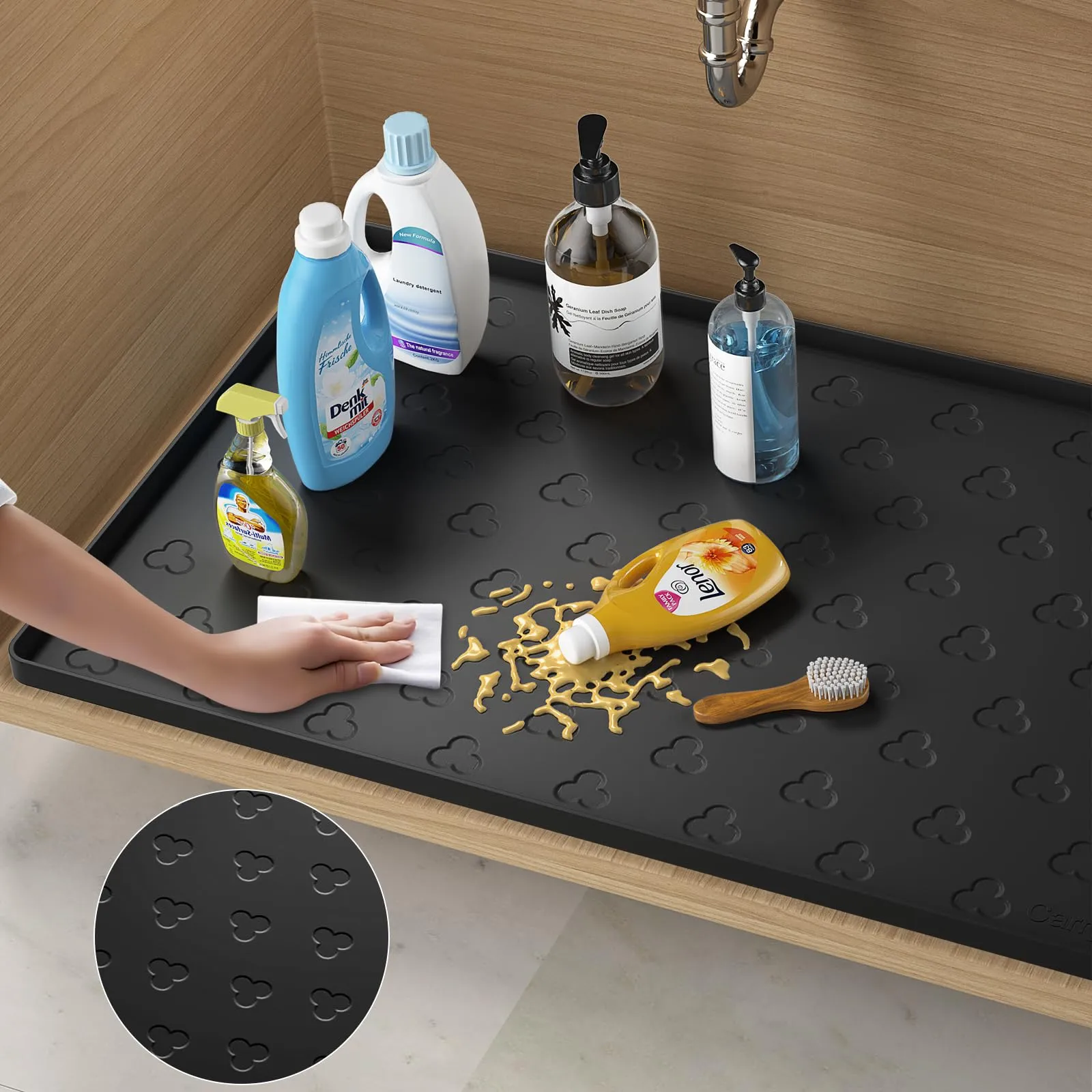 Under Sink Mat 34" x 22" Waterproof Kitchen Cabinet Mat, Flexible Under Sink Liner, Kitchen Bathroom Cabinet Mat Protector for Drip Leak Spill (Black)