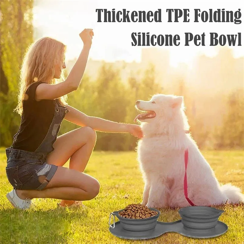 Versatile DuoBowl™: Collapsible Double Pet Feeding Bowls with No-Spill Silicone Mat