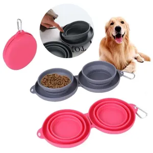 Versatile DuoBowl™: Collapsible Double Pet Feeding Bowls with No-Spill Silicone Mat