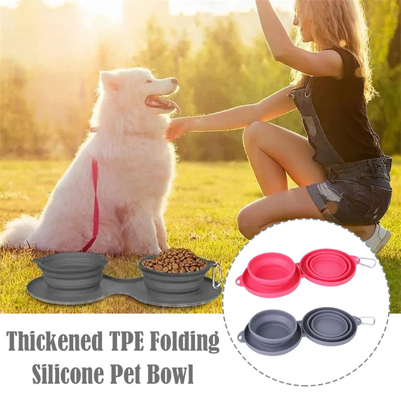 Versatile DuoBowl™: Collapsible Double Pet Feeding Bowls with No-Spill Silicone Mat