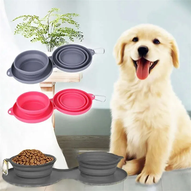 Versatile DuoBowl™: Collapsible Double Pet Feeding Bowls with No-Spill Silicone Mat