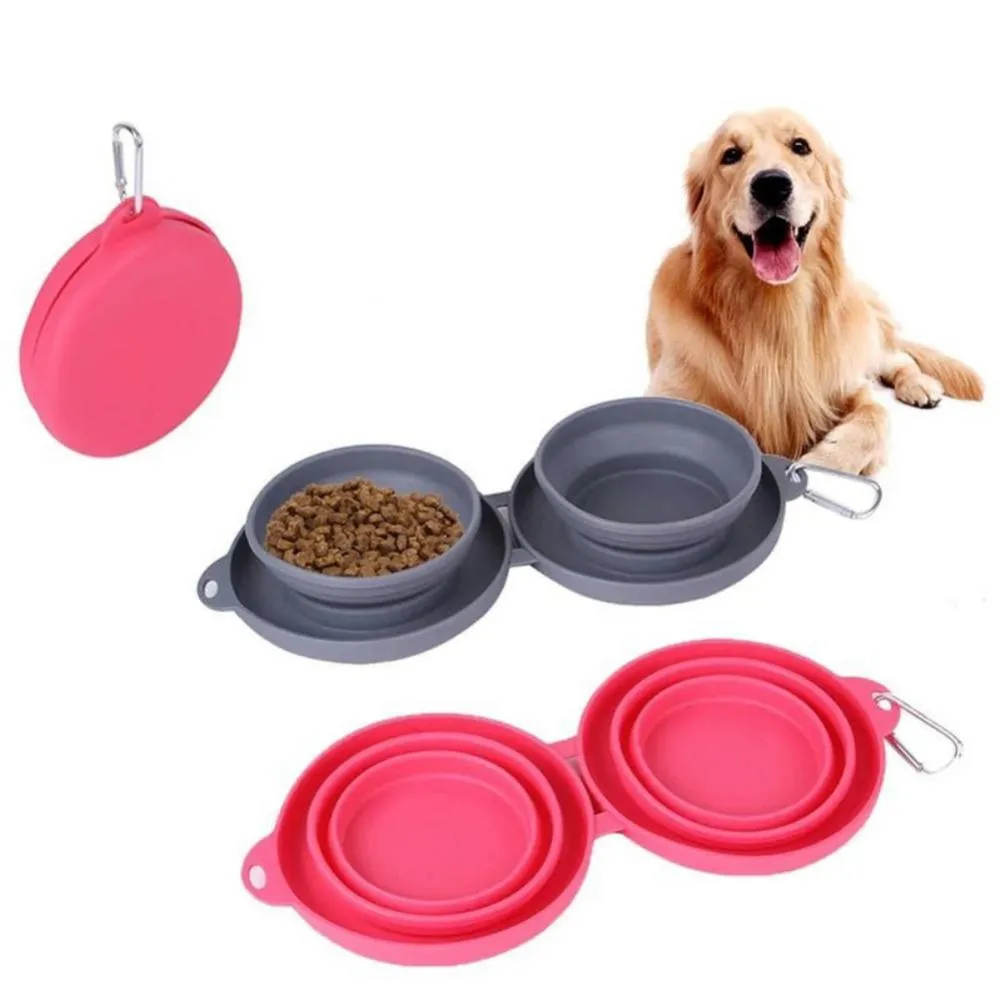 Versatile DuoBowl™: Collapsible Double Pet Feeding Bowls with No-Spill Silicone Mat