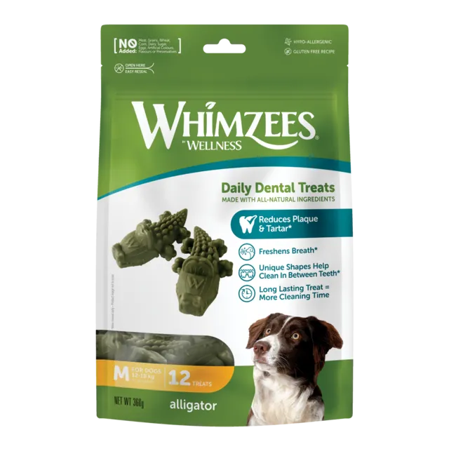 Whimzees Alligator Medium Dog Treats - Dental Chews, 12 Pack | PAWS CLUB